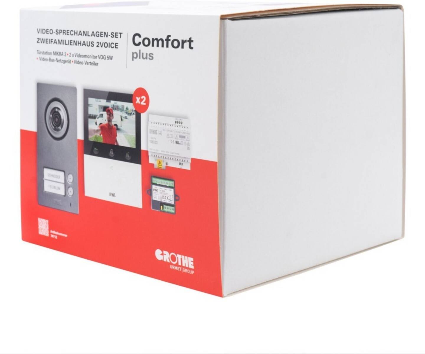 Ein Videosprechanlagenystem für Zweifamilienhäuser mit Monitor und mehreren Anschlussmöglichkeiten, ausgestattet mit dem Modell 'Comfort plus'.