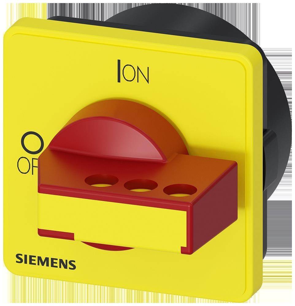 Drehschalter von Siemens in gelb-roter Ausführung mit markierten Positionen 'EIN' und 'AUS'.