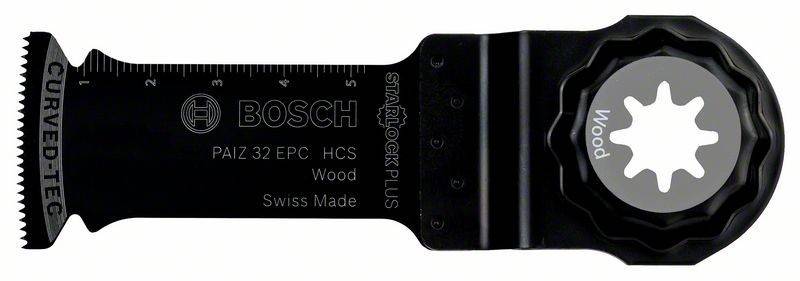 Eine Nahaufnahme einer Bosch Swiss-Made Starlock Plus Werkzeugkomponente, markiert mit einem Lineal und dem Text 'EPC HCS Wood'.