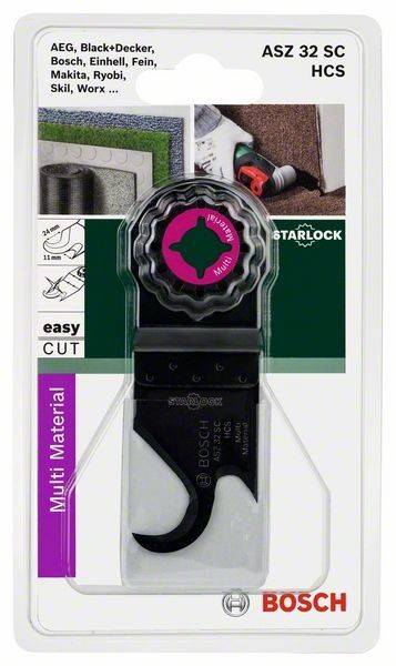 Verpackte Bosch Starlock Multimaterial-Sägeblatt, das die einfache Schneidfähigkeit hervorhebt. Geeignet für verschiedene Materialien, bei der Anwendung gezeigt.