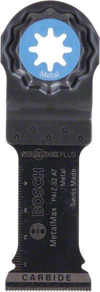 Bosch Starlock Plus' Metallklingenaufsatz mit Messskalen, geeignet zum Schneiden, in Nahaufnahme dargestellt.
