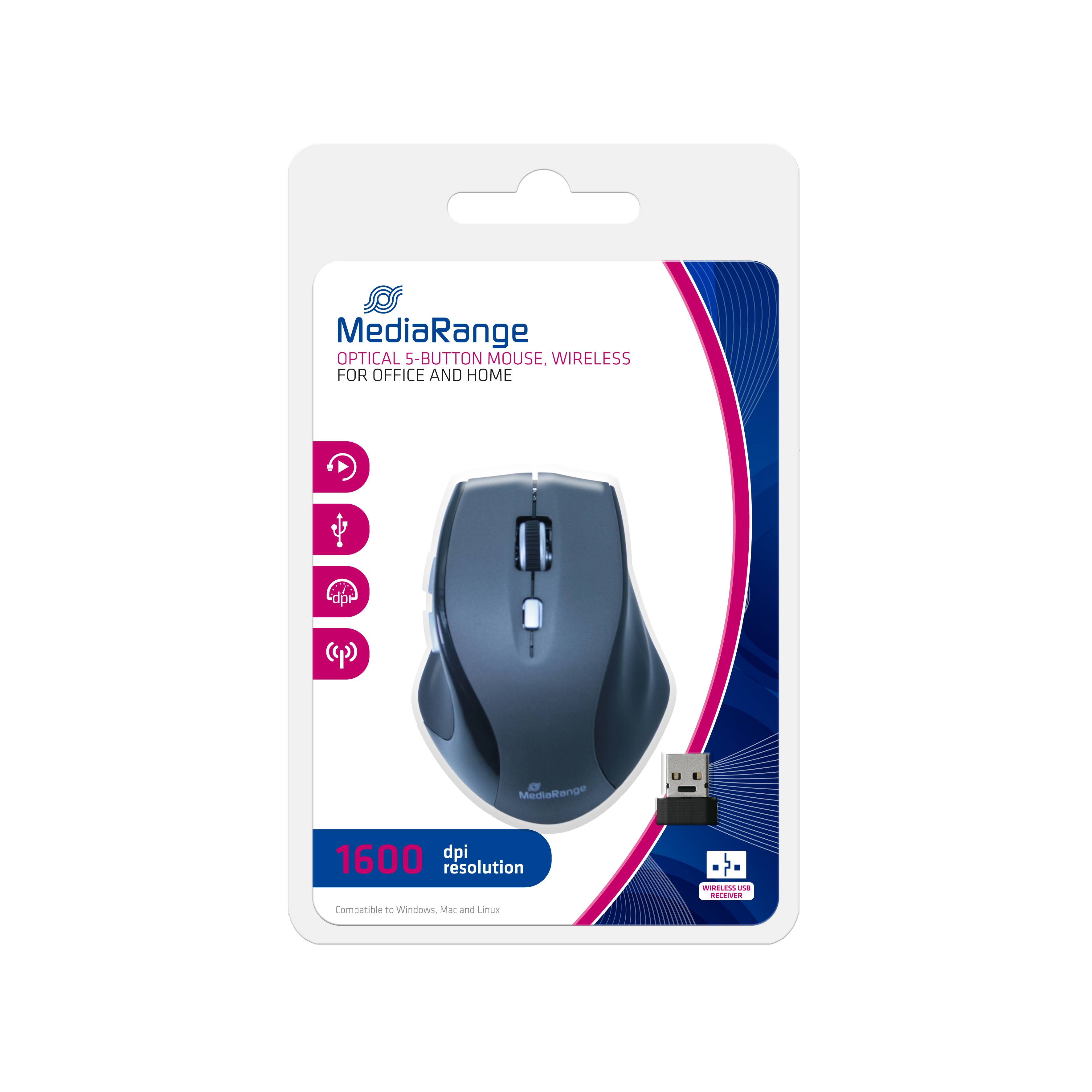 MediaRange - Maus - optisch - 5 Tasten - kabellos - kabelloser Empfänger (USB)