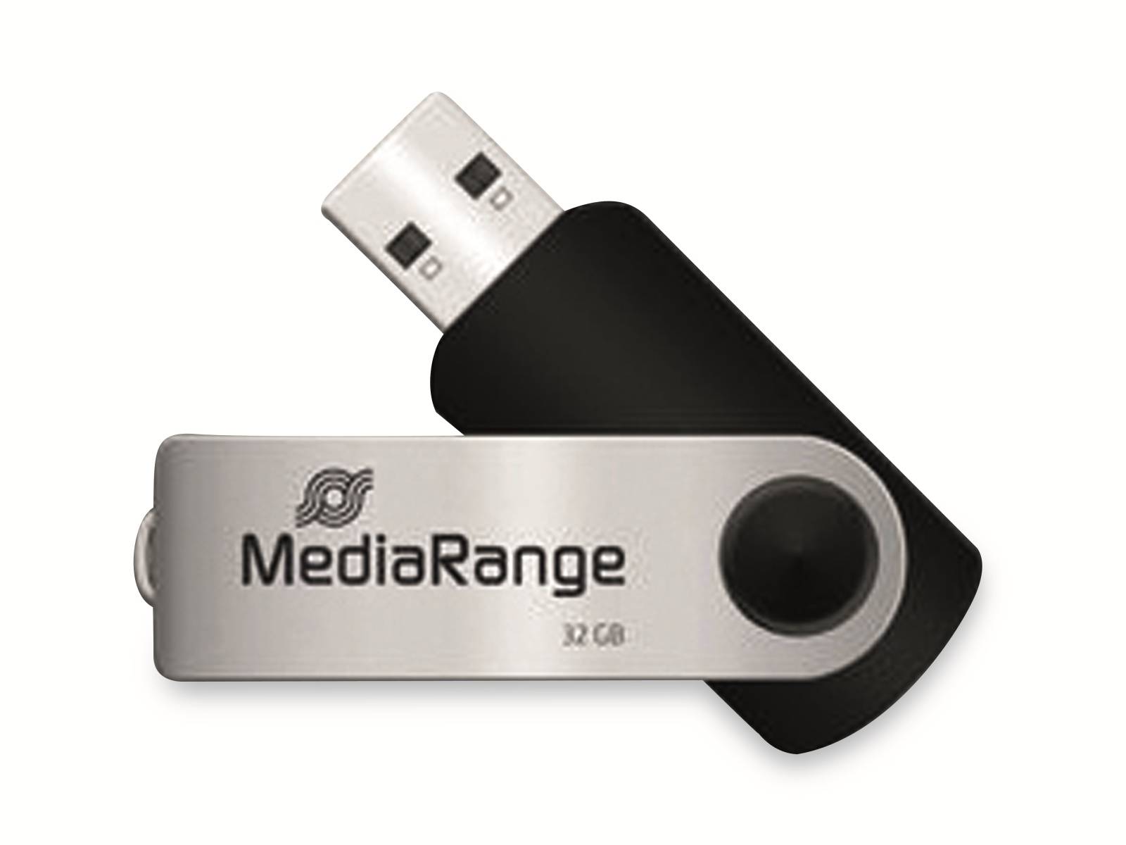 MediaRange 32 GB USB-Stick, schwarzes und silbernes Design, Drehdeckel.