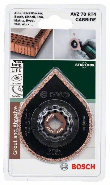Bosch Hartmetall-Fugenfräser und abrasives Dreiecks-Sägeblatt zum Fliesenschneiden. Ausgestattet mit dem 'Starlock'-System für sichere Befestigung. Größe 70 mm.