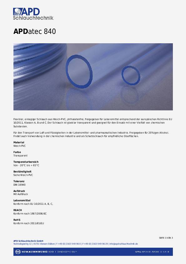 PVC-Schlauch APDatec 840 ID 12mm L.50m 2mm 16mm Rl.APD