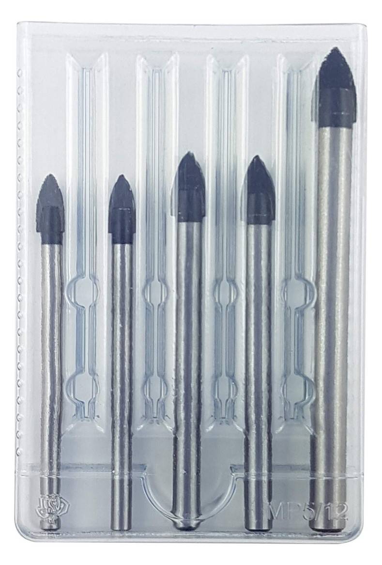 Ein Satz von sechs Bohrern mit schwarzen Spitzen, in unterschiedlichen Größen, in einem transparenten Kunststoffhalter angeordnet.