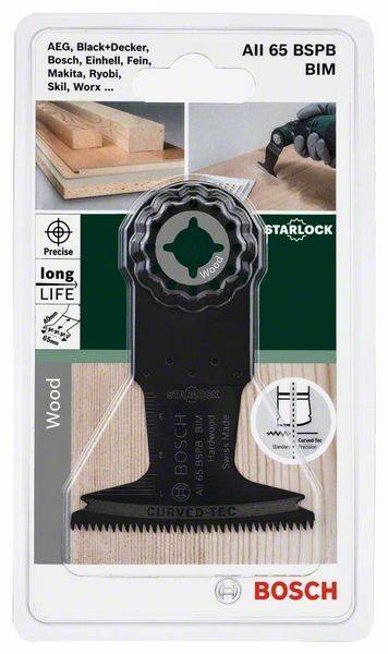 Bosch Starlock Holzschnittklinge in Verpackung, mit Curved-Tec-Technologie für präzise Schnitte und lange Lebensdauer auf Holzoberflächen.