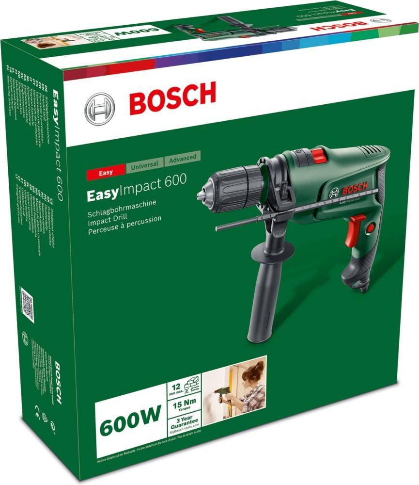 Eine Verpackung, die einen Bosch EasyImpact 600 Bohrhammer präsentiert, mit Hervorhebung der Merkmale wie 600-Watt-Leistung, 12 Zubehörteilen, 3-jähriger Garantie und ergonomischem Design.