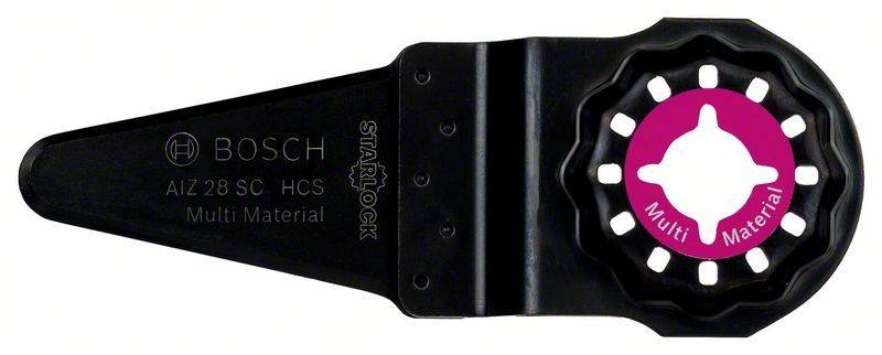 Eine schwarze Bosch Starlock HCS Multitool-Sägeblatt mit Metallzähnen, gekennzeichnet für die Verwendung mit Holz oder weichen Materialien.
