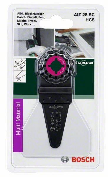 Verpackung eines Bosch Starlock Multi-Material Werkzeugblatts. Zeigt das Sägeblatt mit der Bezeichnung 'Multi Material', einer Breite von 40 mm und Anwendungsbildern.