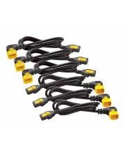 Sieben schwarze Stromkabel mit gelben Steckern sind in einer Reihe angeordnet.