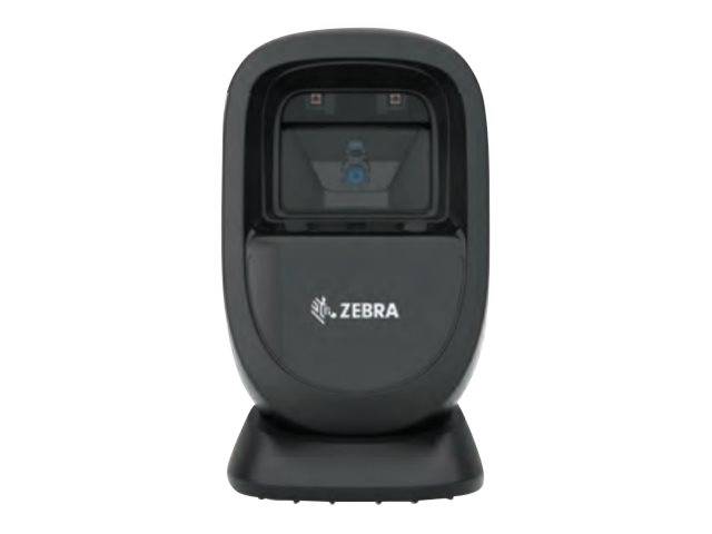 Ein Zebra-Barcodescanner in schwarzem Gehäuse auf einem Ständer, entwickelt zum Scannen von Barcodes an Kassensystemen.