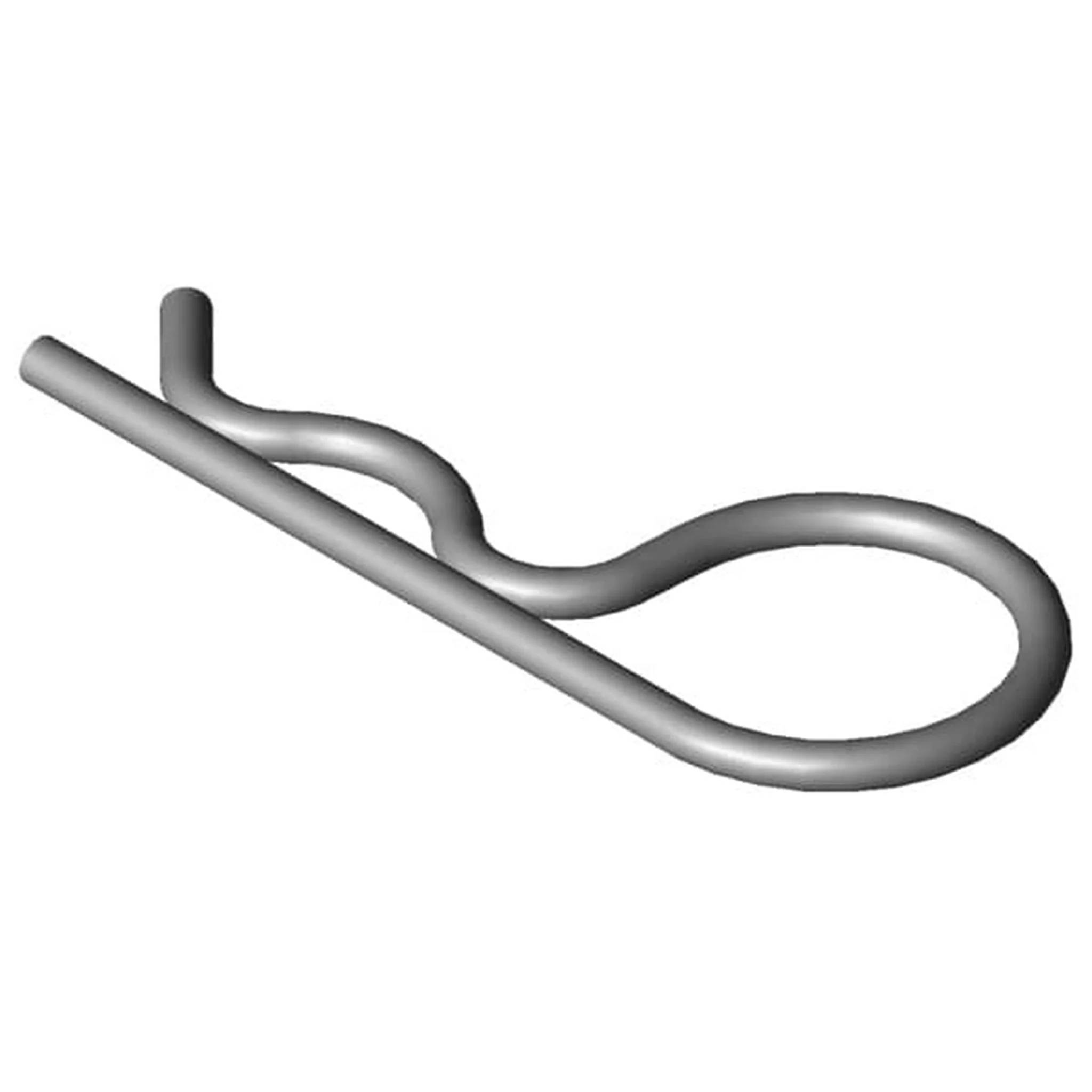 Metallische Sicherungssplint aus Silber mit einer gebogenen Schleife und geradem Schaft auf weißem Hintergrund.