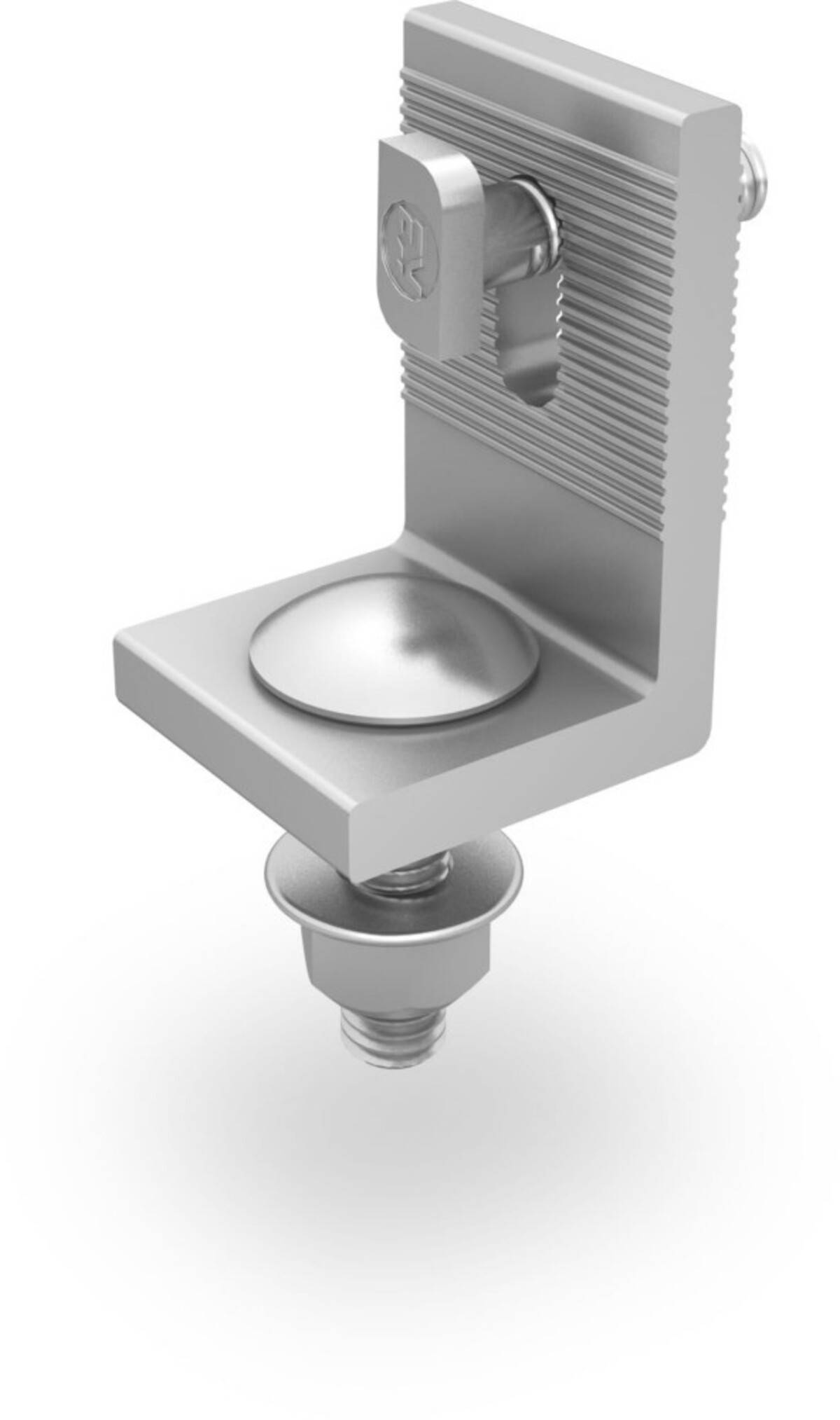 3D-Rendering eines verstellbaren Metallmontageclips oder einer Halterung mit einer geschlitzten aufrechten Rückplatte, einer gekrümmten Klemmfläche und einer Gewindebolzenbefestigung darunter.