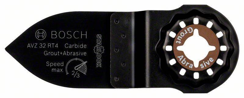 Eine schwarze Starlock-Klinge mit dem Text 'TECH', 'Hartmetall', 'Abrasiv' und einem kreisförmigen Sägesymbol. Ausgestattet mit einem sternförmigen Befestigungspunkt.
