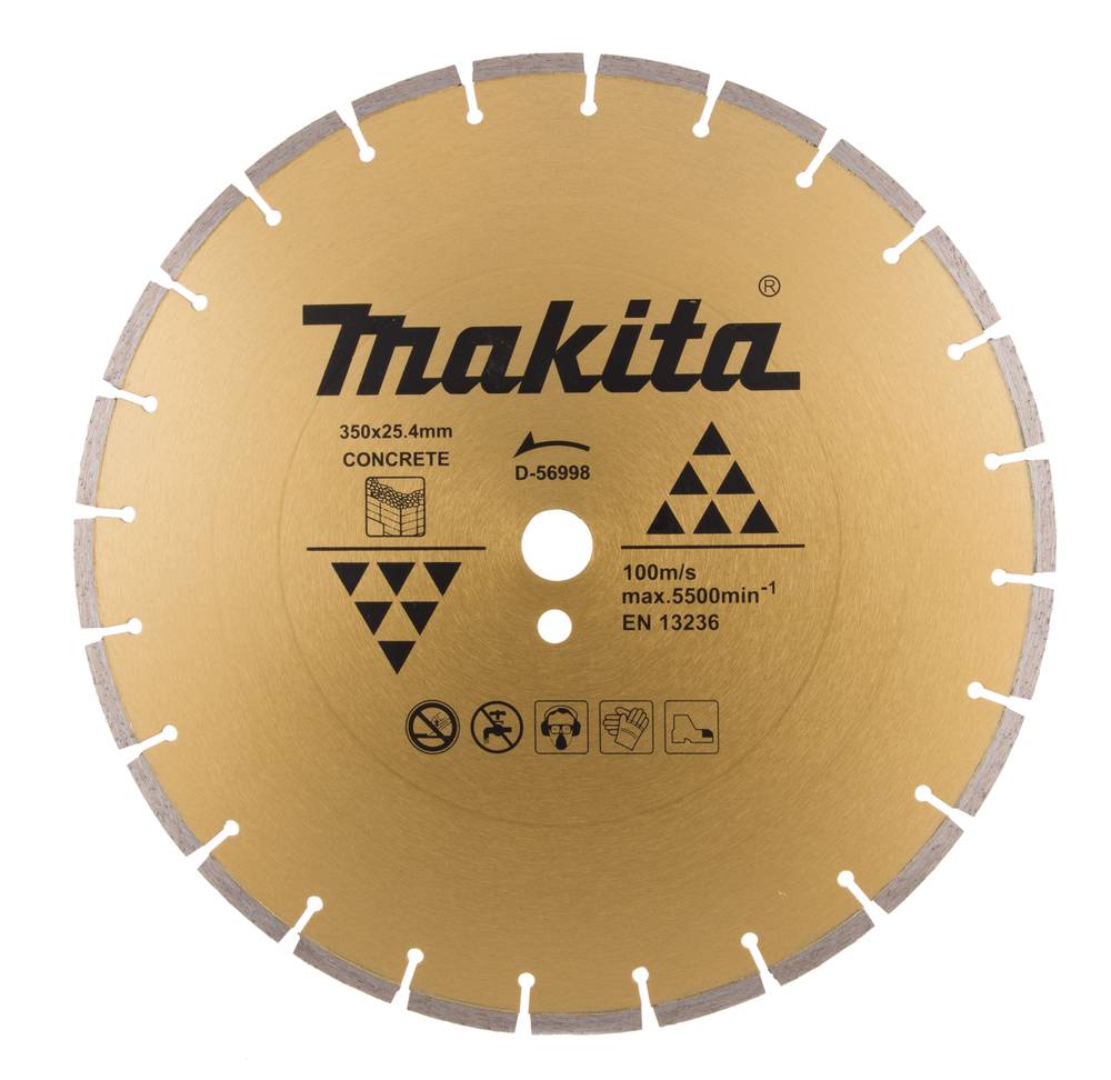 Makita goldene Kreissägeblatt für Beton mit segmentierter Schneidkante und aufgedruckten Größen- und Drehzahlangaben.