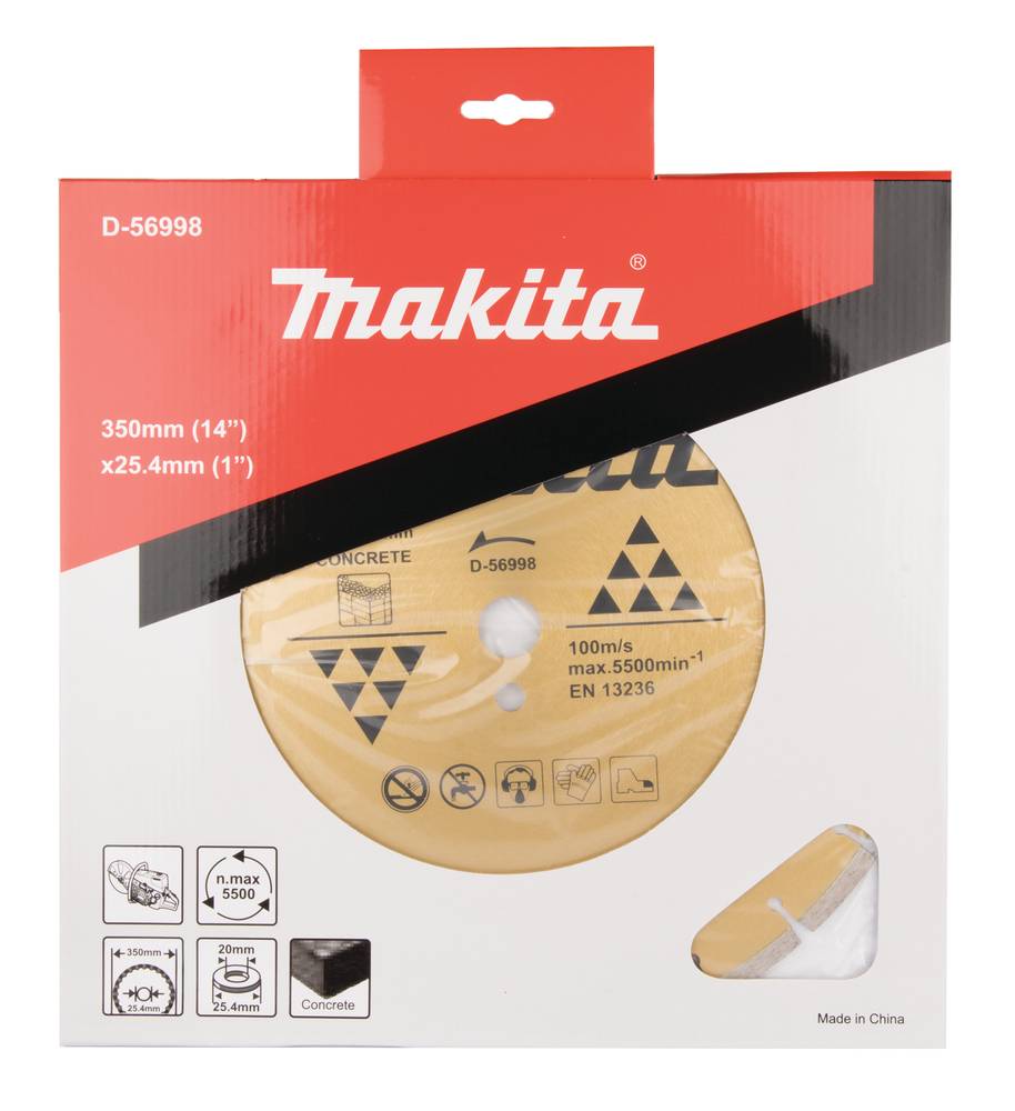 Makita-Produktpaket für ein 350-mm-Betonschneidblatt mit dem Blatt hinter einem klaren Fenster und aufgedruckten Größen- und Sicherheitssymbolen.
