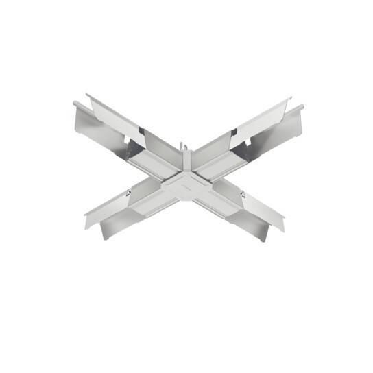 Eine weiße, symmetrische Metallstruktur mit sich kreuzenden Armen, die eine 'X'-Form bilden und für industrielle oder architektonische Zwecke verwendet wird.