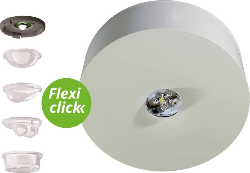 Deckenleuchte mit einem runden weißen Gehäuse, zentraler LED-Lampe und einem grünen Etikett mit der Aufschrift 