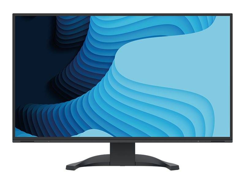 Ein Flachbildschirm-Monitor, der auf einem Ständer montiert ist und abstrakte blaue geschichtete Wellenmuster auf schwarzem Hintergrund anzeigt.