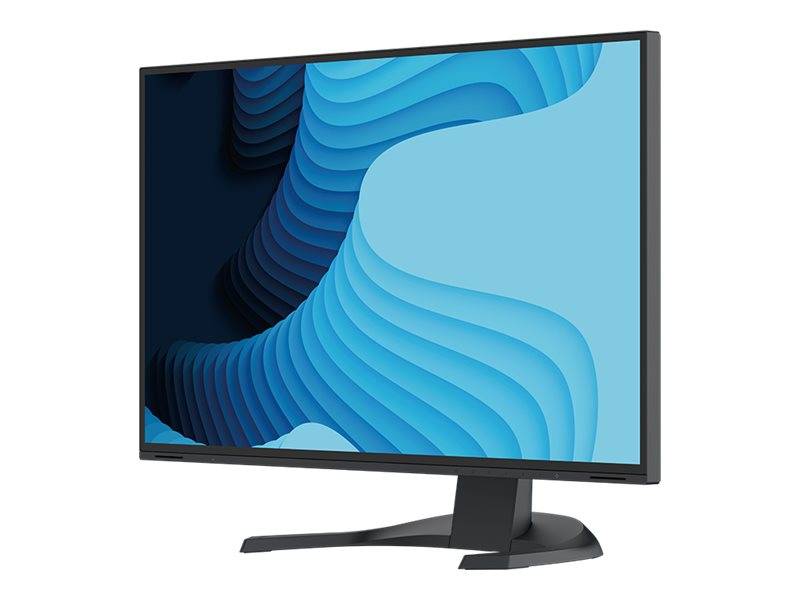 Flachbildschirm-Monitor mit blauem abstraktem Wellen-Hintergrundbild auf einem Ständer, in Seitenansicht angezeigt.