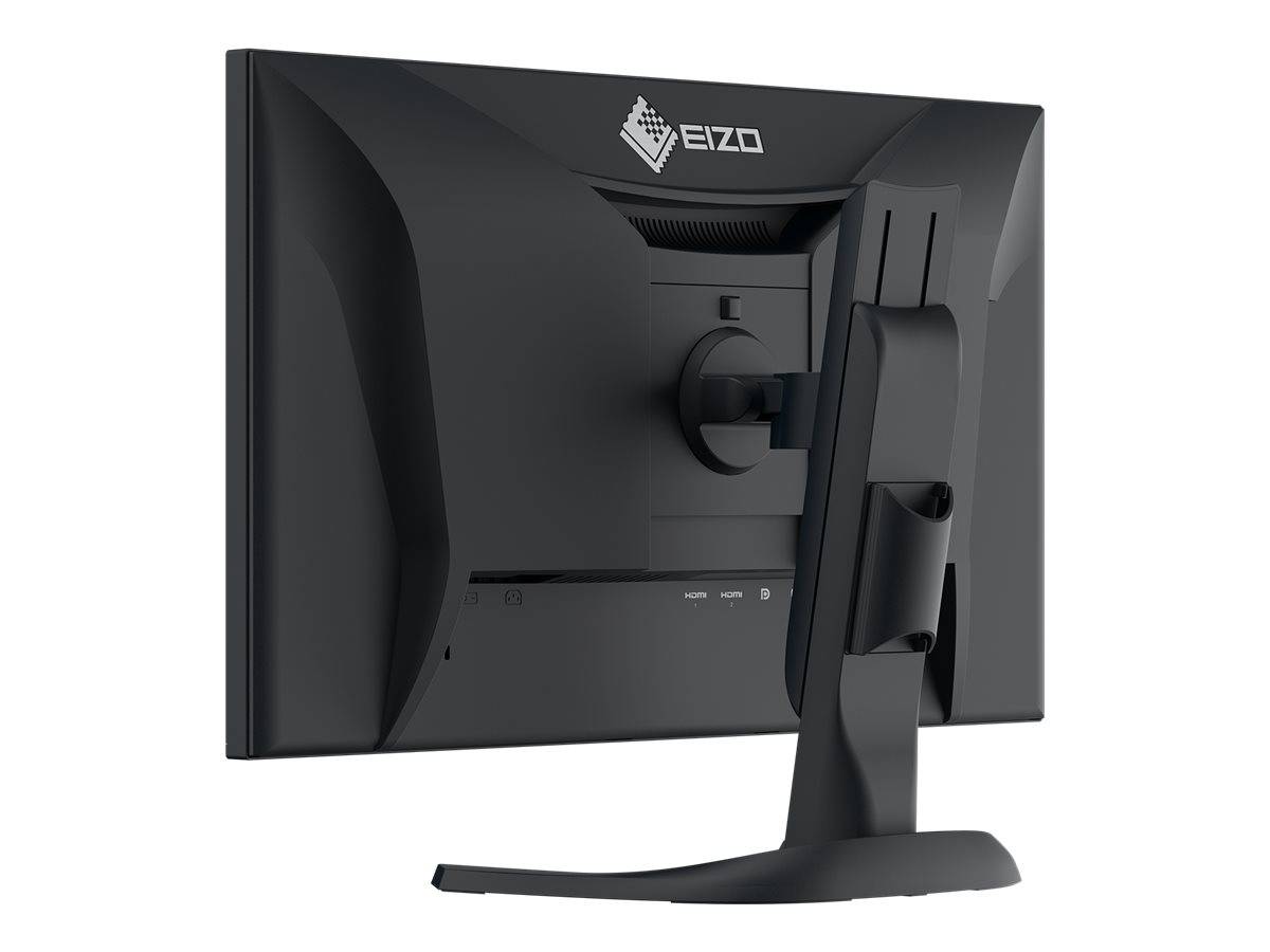 Rückansicht eines schwarzen EIZO-Desktopmonitors auf einem Ständer, der die verstellbare Halterung und den Kabelverlegungsbereich zeigt.
