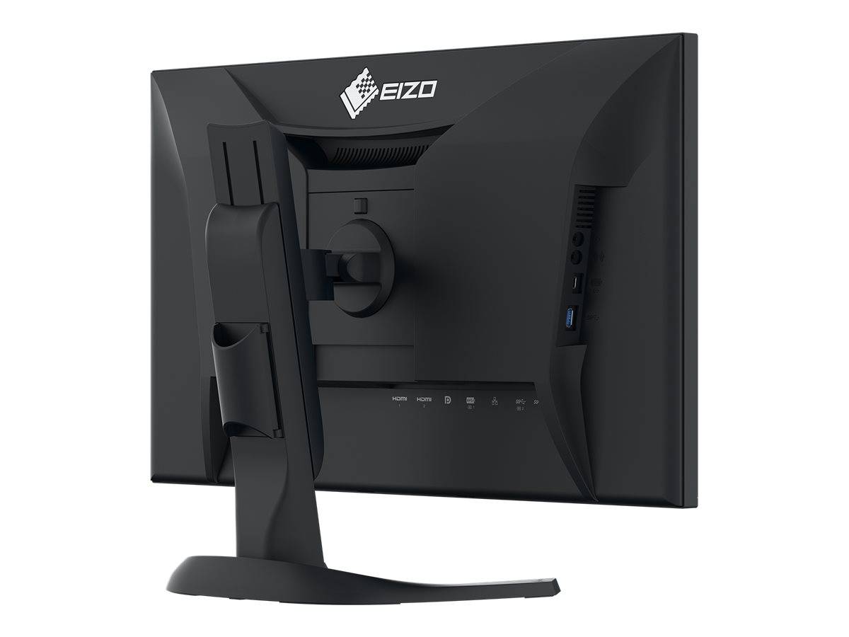 Rückansicht eines schwarzen EIZO-Computermonitors auf einem Ständer, der die zentrale Kabelführungshalterung und die seitlichen Steuerungsanschlüsse zeigt.