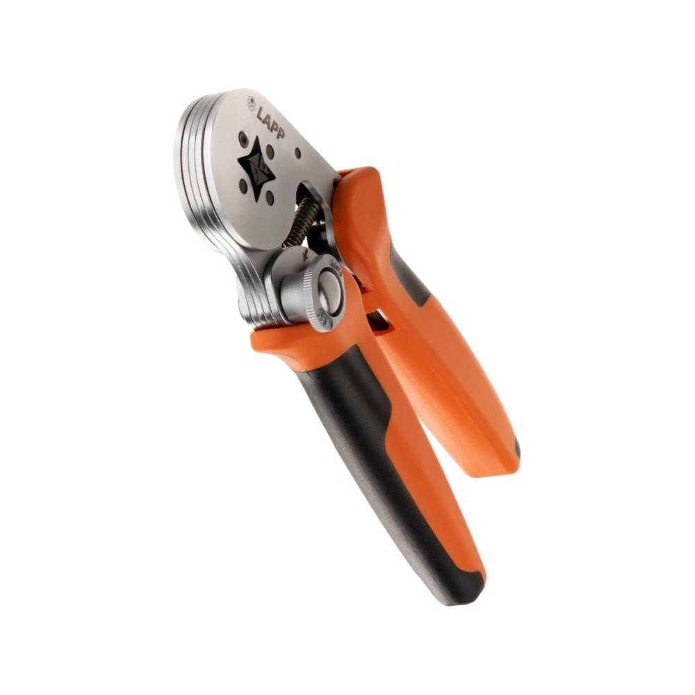 Ein Orange-Schwarz gestreiftes Abisolierwerk mit Metallkopf, entwickelt zum Schneiden und Abisolieren von Elektrokabeln.