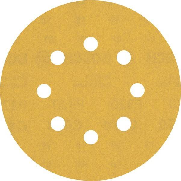 Eine kreisförmige Schleifpapierscheibe mit acht gleichmäßig verteilten Löchern, die in einem Kreis angeordnet sind.