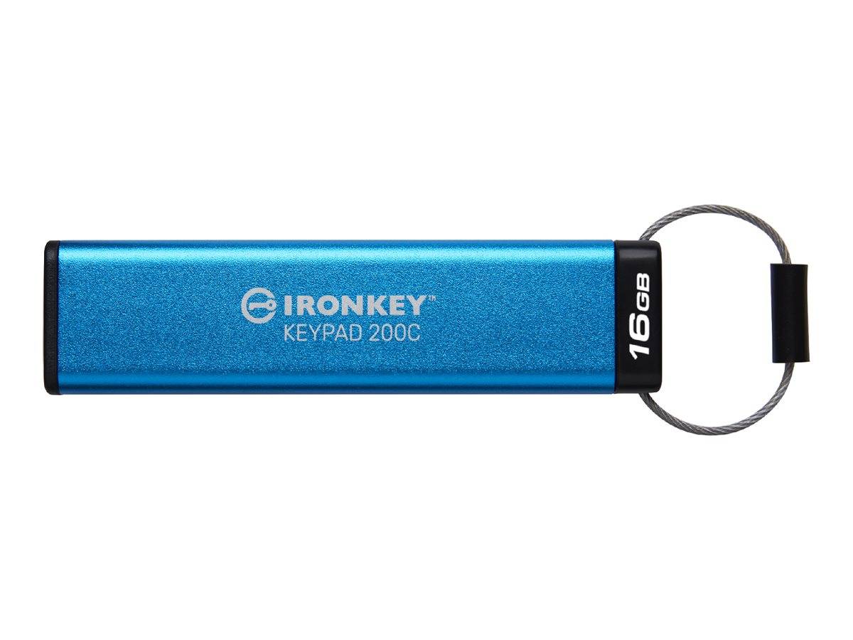 Blauer IronKey Keypad 200C 16GB USB-Stick mit integriertem Tastenfeld und angehängtem Schlüsselring