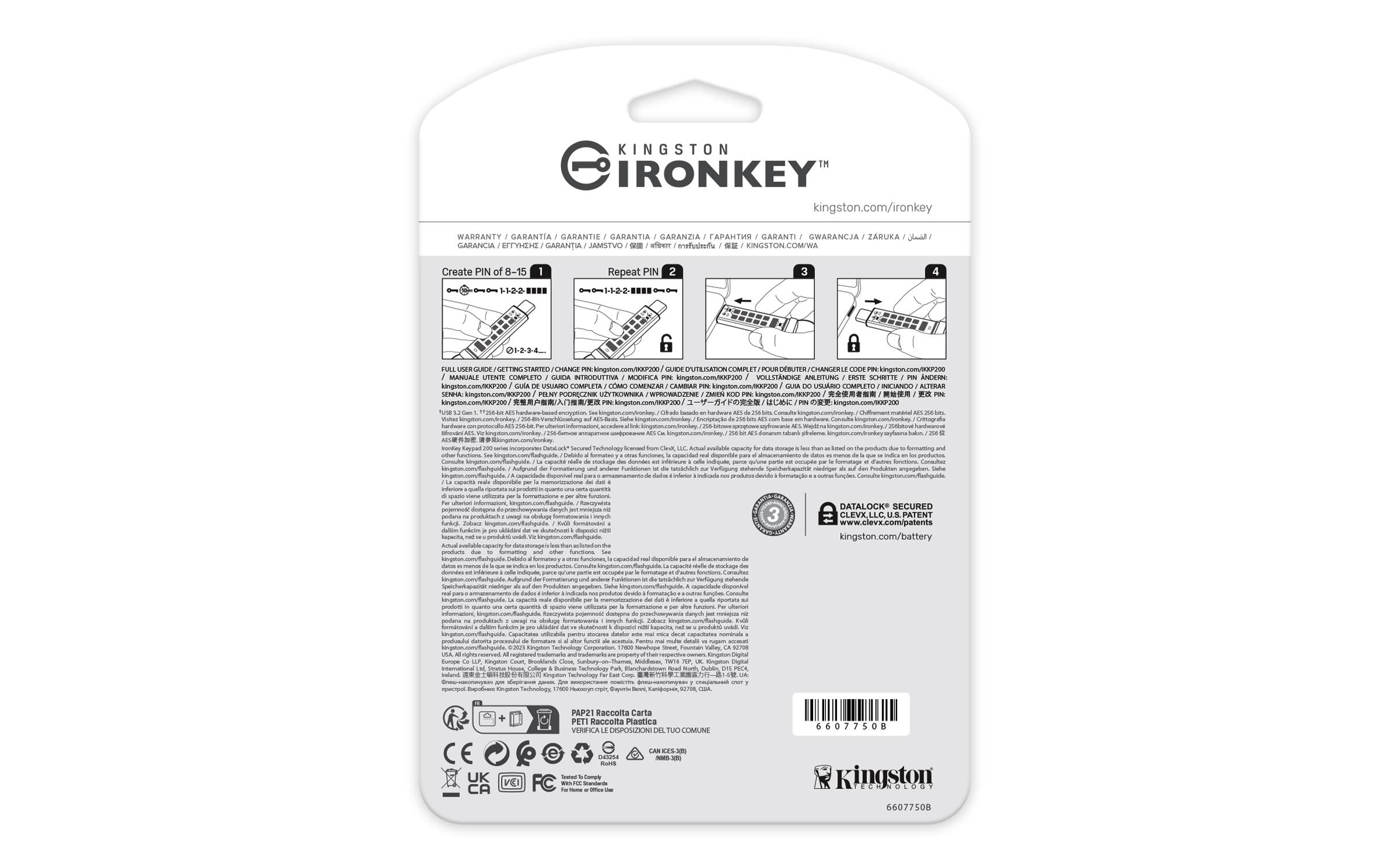 # Rückseite einer Kingston IronKey-Packung mit gedruckten Einrichtungsschritten, Sicherheitswarnungen, Behördlichen Logos und Barcode.