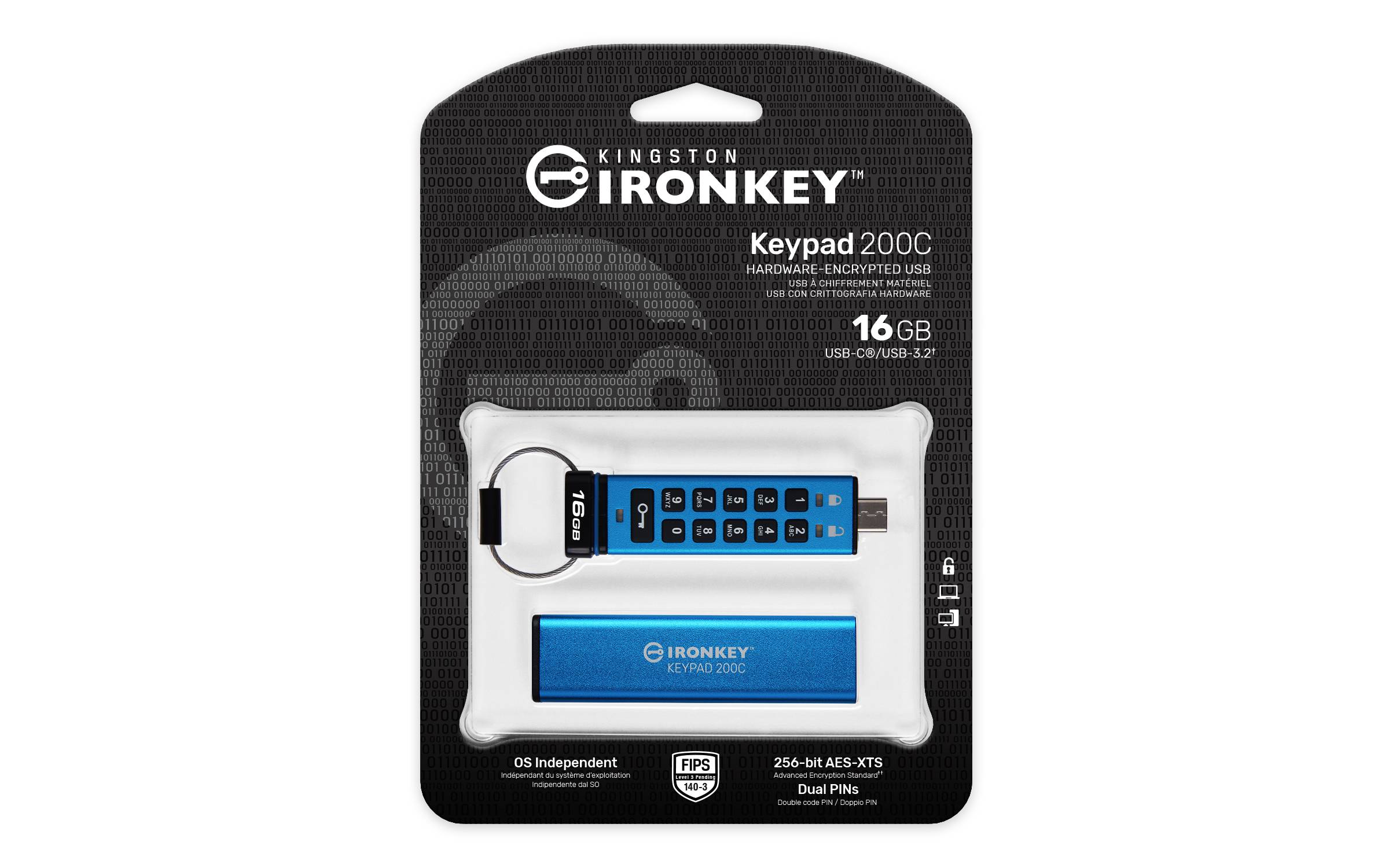 Paket eines Kingston IronKey Keypad 200C verschlüsselten USB-Flash-Laufwerks mit 16GB Kapazität und Dual-Pin-Tastatur-Sicherheit.