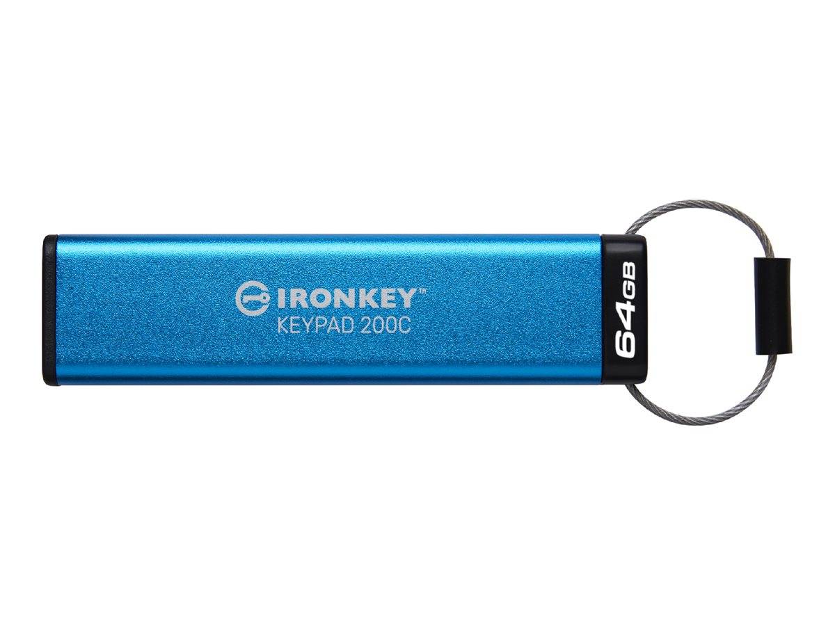 Blue IronKey Keypad 200C 64 GB USB-Stick mit schützender Schlaufenkabelkappe.