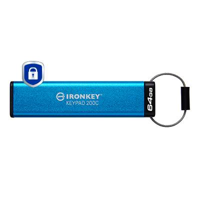 Blauer IronKey Keypad 200C 64GB USB-Stick mit Schlosssymbol und Schlüsselring-Schlaufe