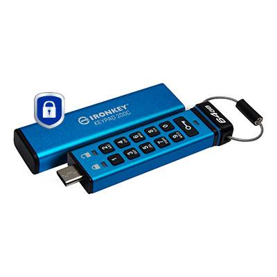 Blauer IronKey Keypad 200C USB-Stick mit integrierter Tastatur, abgebildet mit Schlosssymbol und Schlüsselanhänger.