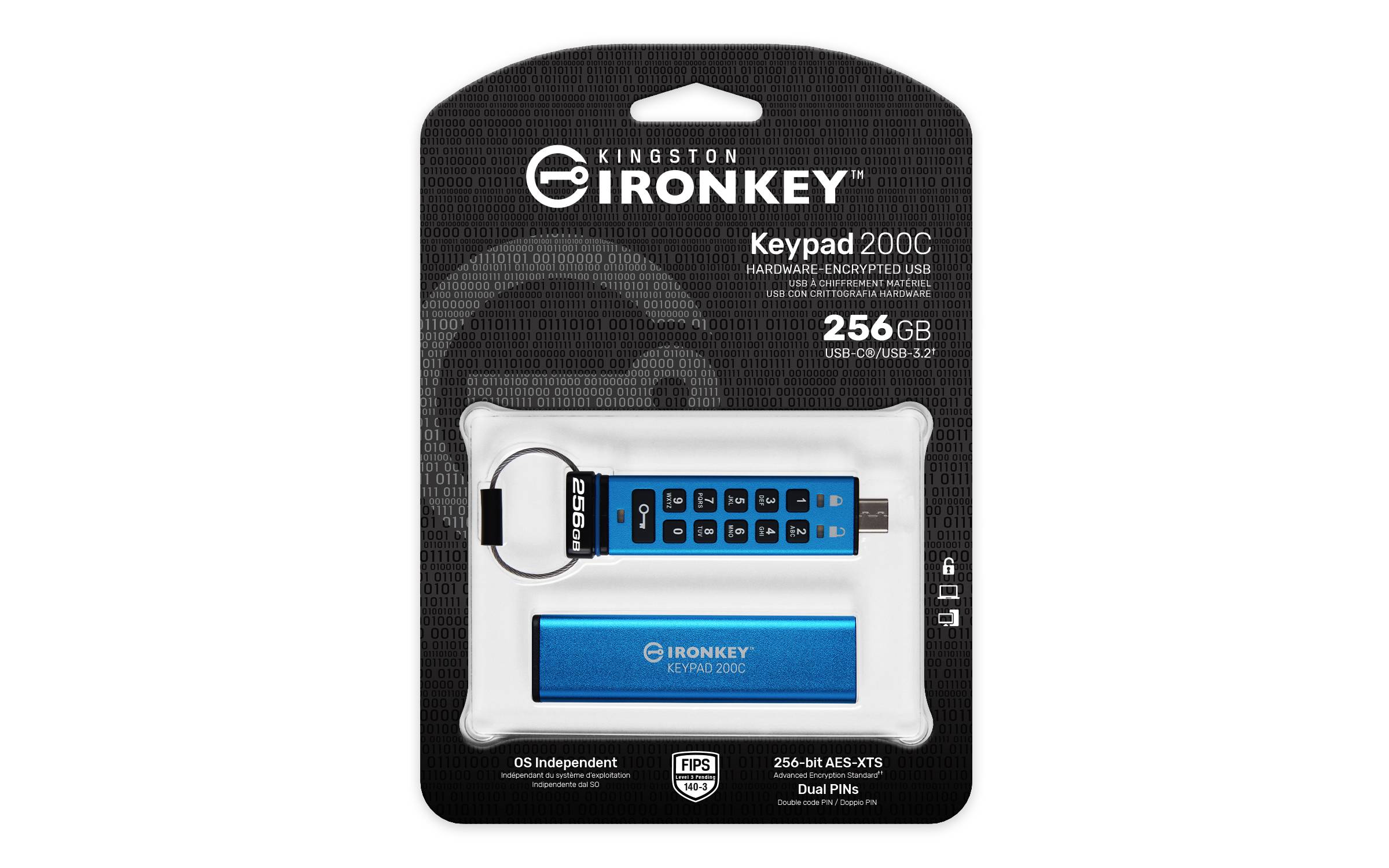 Verpackung für Kingston IronKey Keypad 200C 256GB Hardware-verschlüsselte USB-Laufwerk mit PIN-Tastatur und blauem USB-C-Flash-Laufwerk in einem durchsichtigen Behälter.