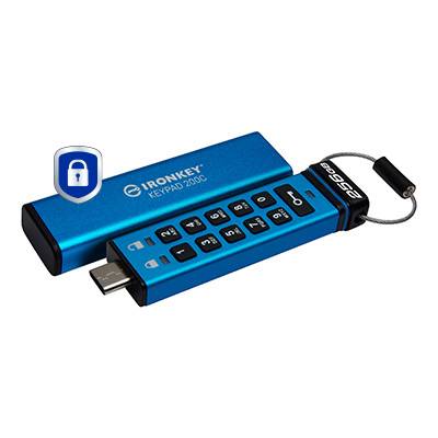 Blauer IronKey Keypad 200C verschlüsselter USB-Speicherstick mit numerischer Tastatur und USB-C-Anschluss, angezeigt mit Schlosssymbol.