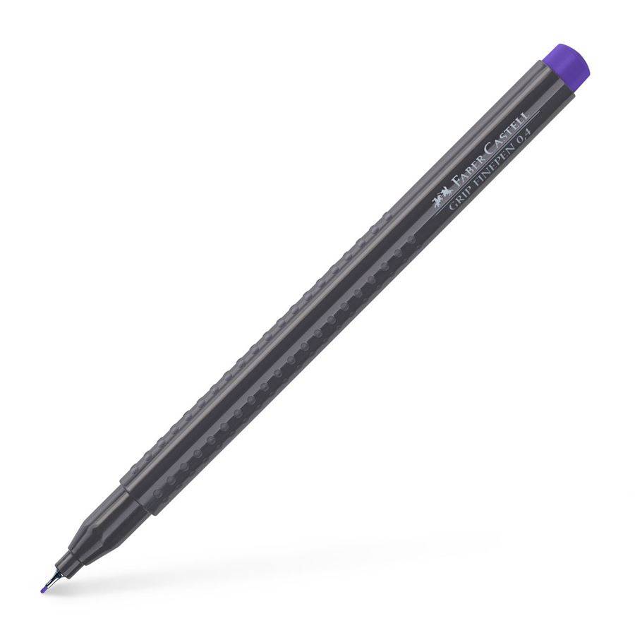 Ein schwarzer und lila Faber-Castell Filzstift mit feiner Spitze, diagonal auf weißem Hintergrund liegend.