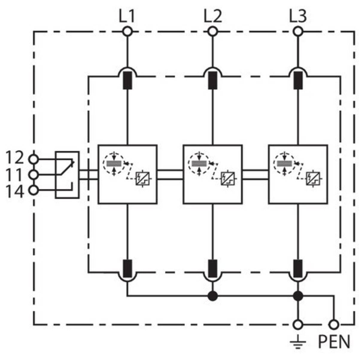 Prinzipschema einer Dreiphasen-Transformatorverbindung mit den Anschlüssen L1, L2, L3 und PEN, einschließlich Sicherungen und Verbindungsleitungen zwischen den Komponenten.