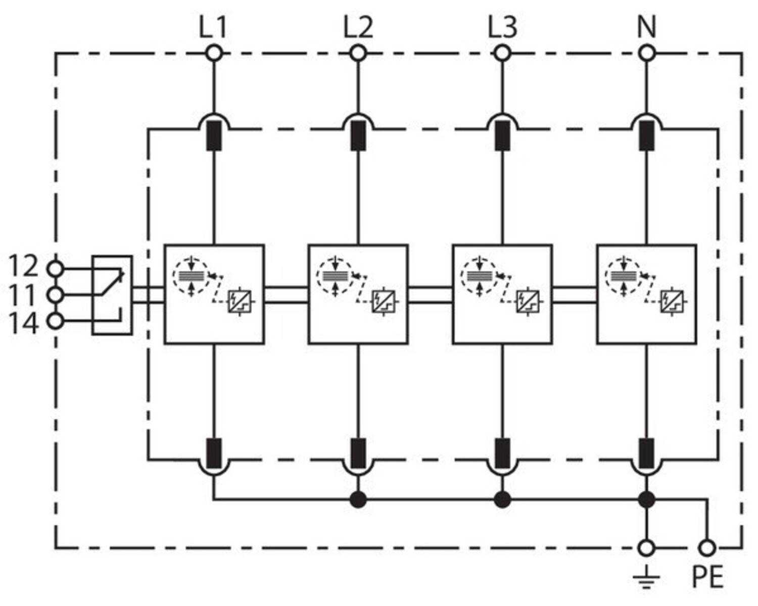 Elektrisches Schaltkreisdiagramm mit drei parallelen Linien, beschriftet mit L1, L2, L3, verbunden mit Schaltkreisen mit Schaltern und Erdungssymbolen.