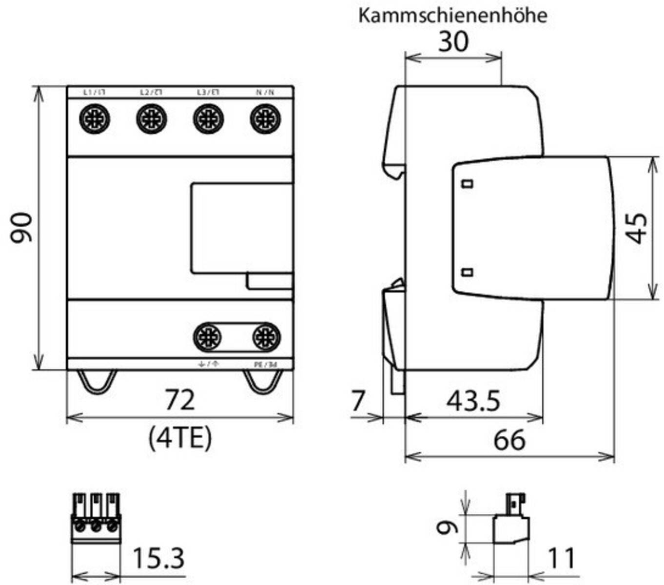 Technische Zeichnung eines elektrischen Geräts, mit Maßangaben: Breite 72 mm (4TE), Höhe 66 mm und Tiefe 43,5 mm.