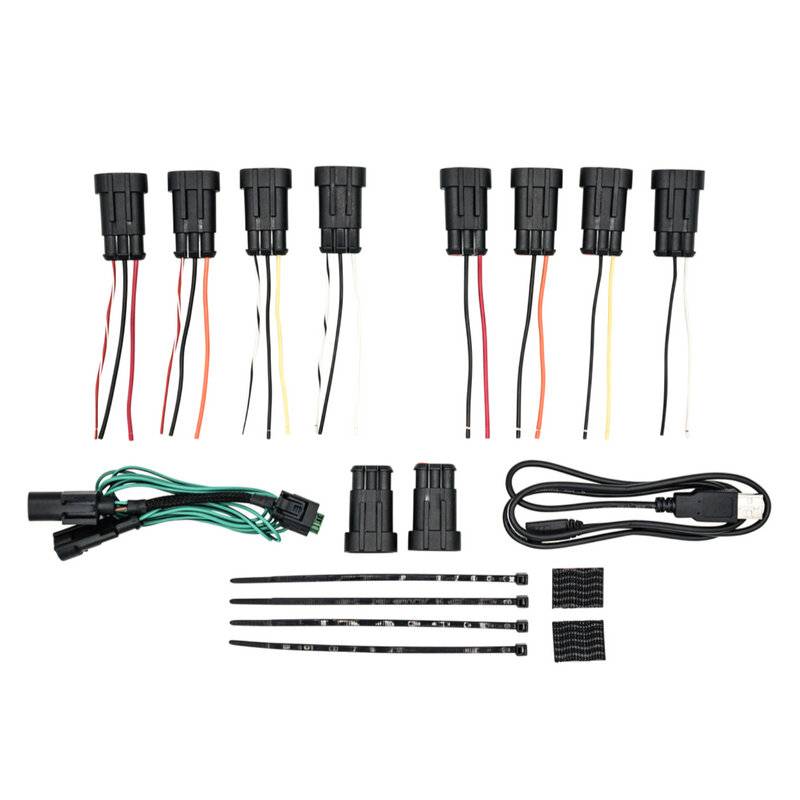 Ein Verkabelungsset mit mehreren Steckverbindern und farbigen Drähten, Kabelbindern, Klebebefestigungen und einem separaten schwarzen Stromkabel.