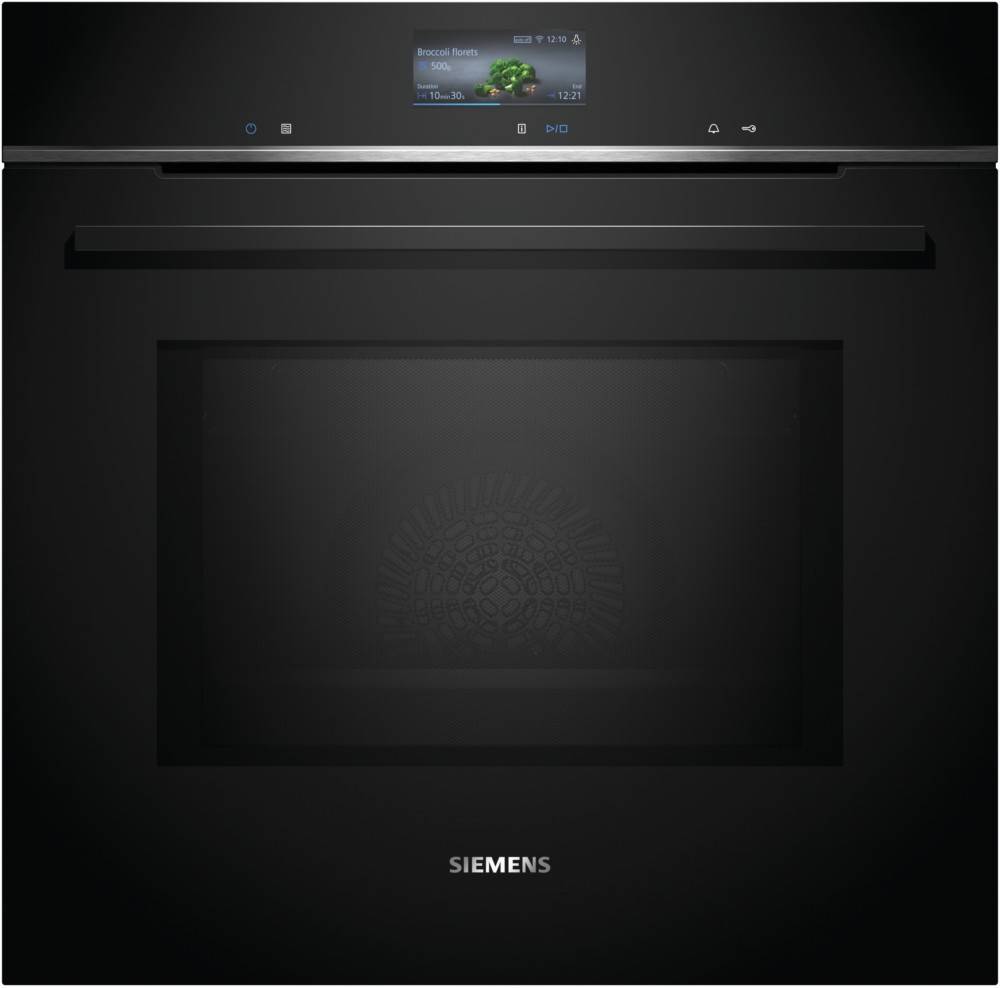 Ein Siemens Backofen in Schwarz mit einem digitalen Display, das Kocheinstellungen anzeigt und ein Wi-Fi-Verbindungssymbol zeigt. Die Ofentür ist geschlossen.