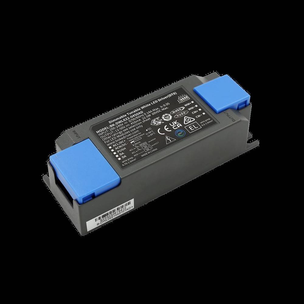 Ein rechteckiges LED-Netzteil mit einem schwarzen Gehäuse und blauen Enden, das technische Spezifikationen und Sicherheitszertifizierungslogos auf dem Etikett zeigt.