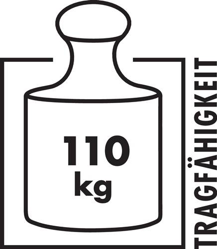 Sicherheitsgrafik mit einem Gewichtslimit-Symbol und Beschriftung. Die Gewichtskapazität ist mit 110 kg gekennzeichnet.