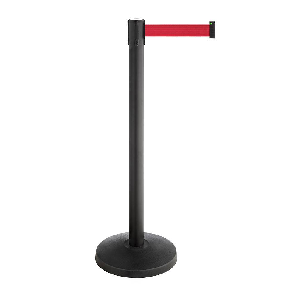 Absperrpfosten ALA - Metall - Höhe 1000 mm - Gurtauszugslänge 3500 mm - Farbe schwarz - Gurtfarbe rot - 10,5 kg
