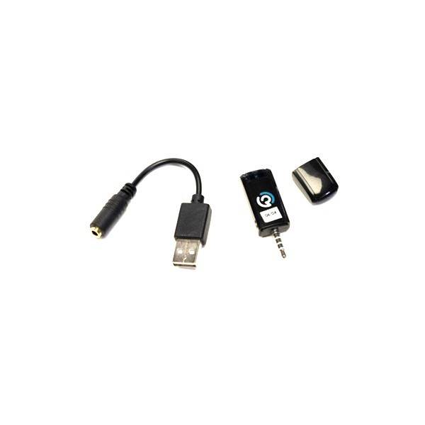 Bluetooth-Audioempfänger mit 3,5-mm-Klinke, USB-Ladekabel und abnehmbarer Kappe, platziert auf weißem Hintergrund.
