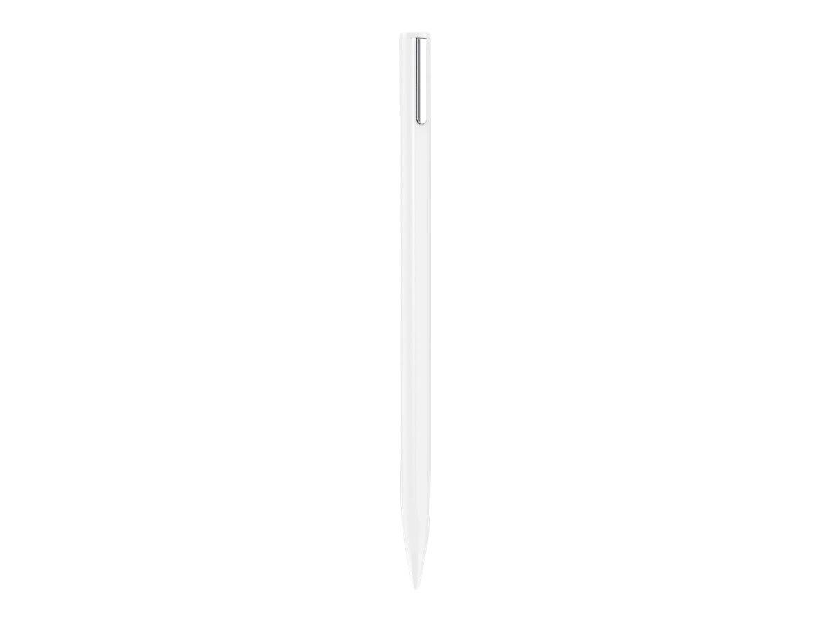 Ein schlanker weißer Stift mit einem silbernen Clip, der aufrecht vor einem weißen Hintergrund steht.