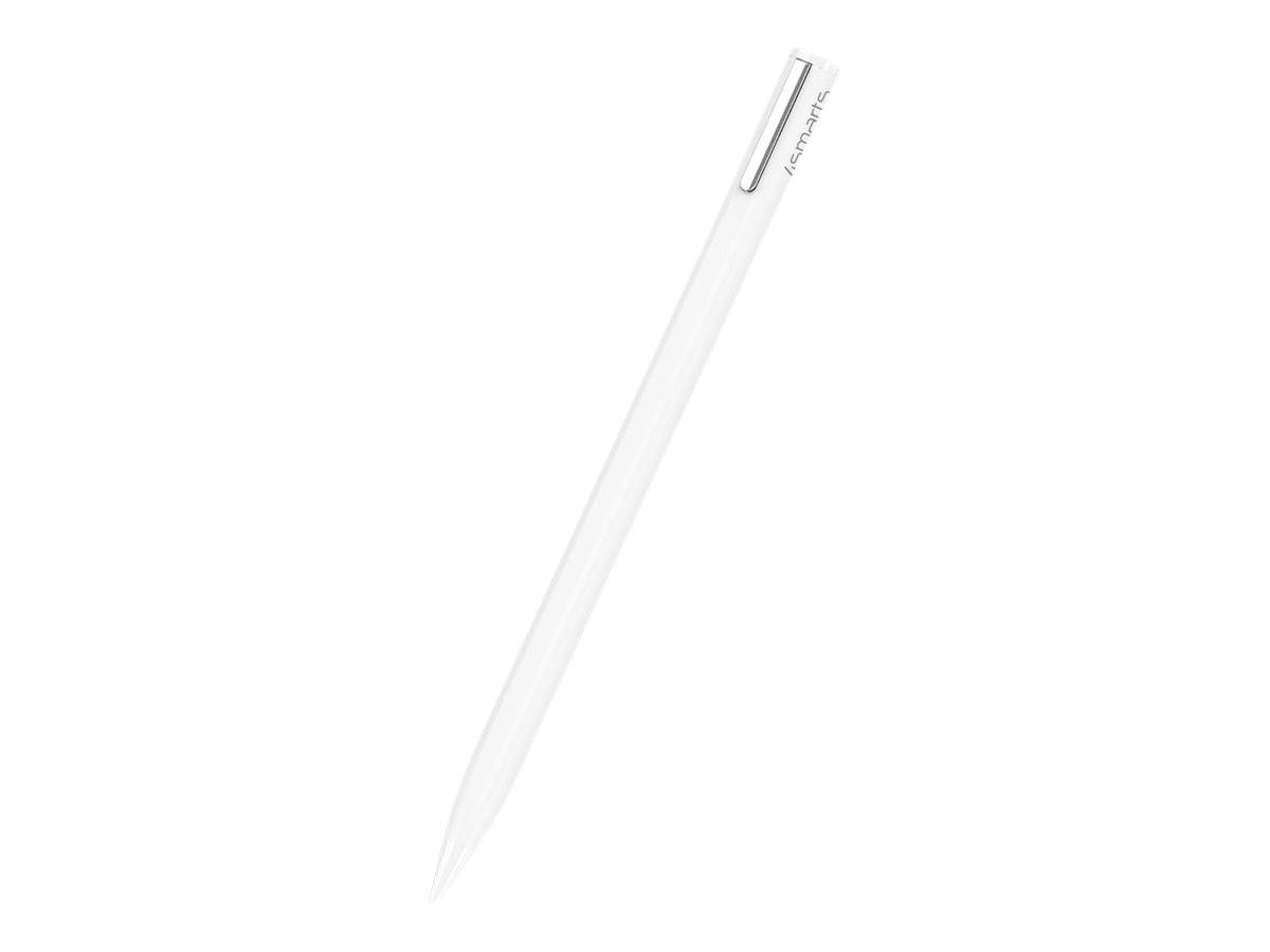 Ein schlanker, weißer Stylus-Stift mit einer spitzen Spitze und einer Klammer in der Nähe der Oberseite, der für Touchscreen-Geräte entwickelt wurde.