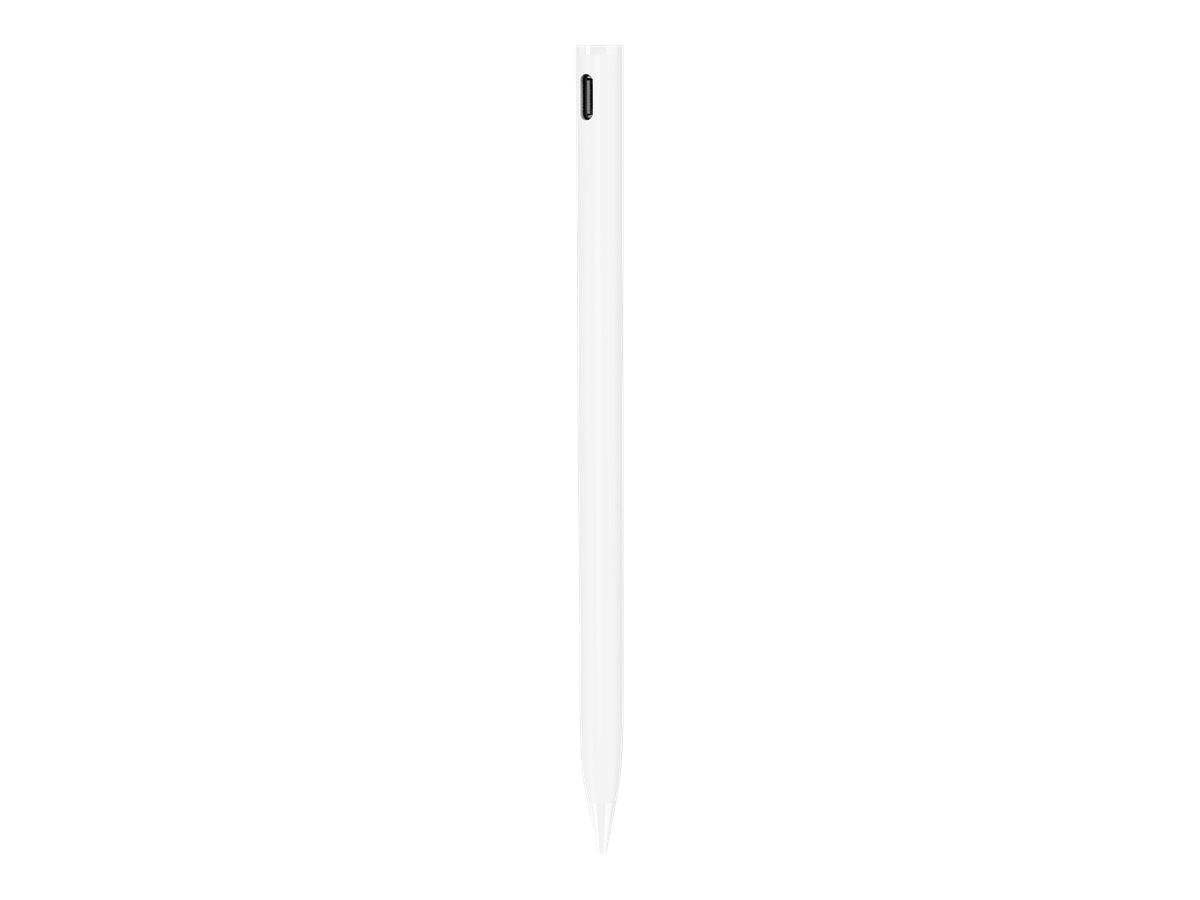 Ein schlanker, weißer Stylus mit einem schwarzen Knopf an seiner Seite, entwickelt für die Nutzung auf digitalen Touchscreens.